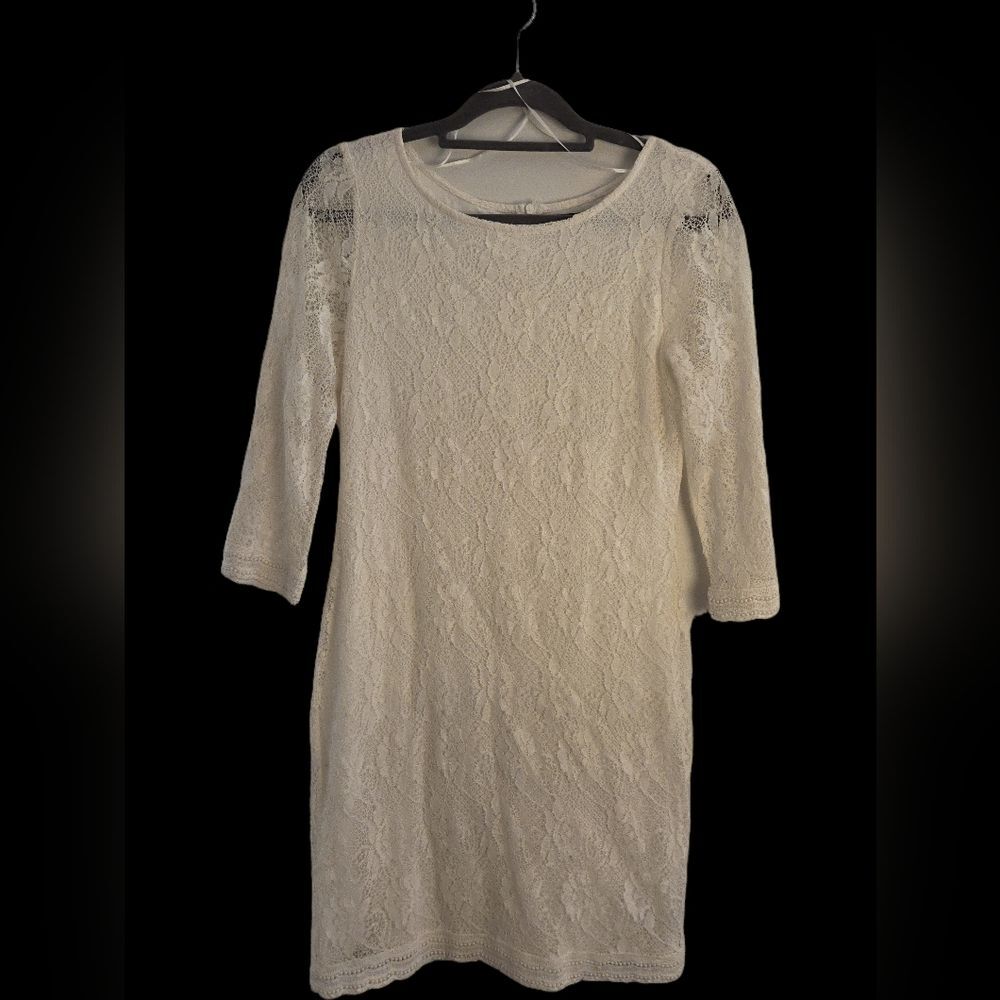 Sanctuary Clothing Ivory Lace Shift Dress 3/4 Sleeve sz S COTTAGE CORE BEACHY
